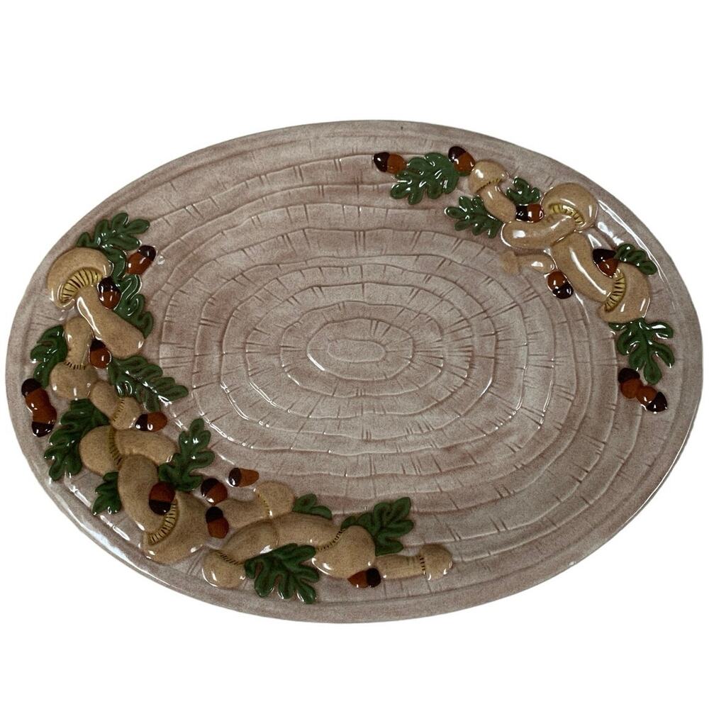 Vintage 1975 Ceramic Hand Painted Platter Mushrooms Acorns Leaves - Picture 1 of 9